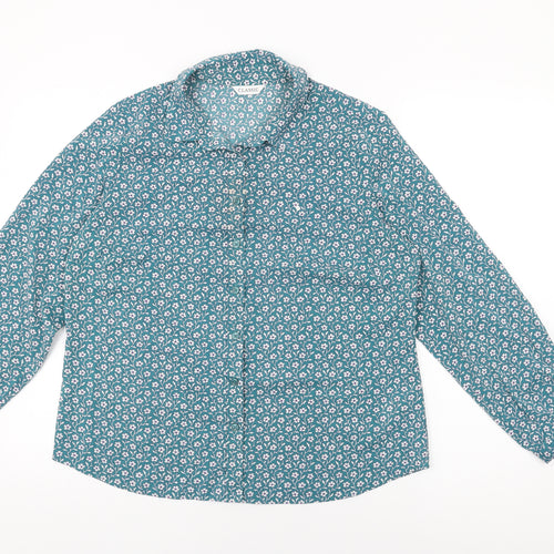 Marks and Spencer Womens Blue Floral Polyester Basic Button-Up Size 14 Collared