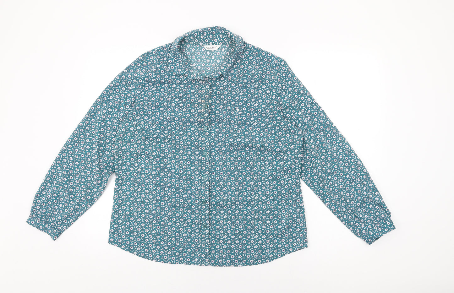 Marks and Spencer Womens Blue Floral Polyester Basic Button-Up Size 14 Collared