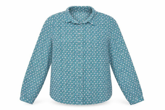 Front view of Marks & Spencer women’s blue floral polyester basic button-up, size UK 14, collared