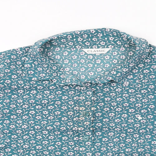 Marks and Spencer Womens Blue Floral Polyester Basic Button-Up Size 14 Collared