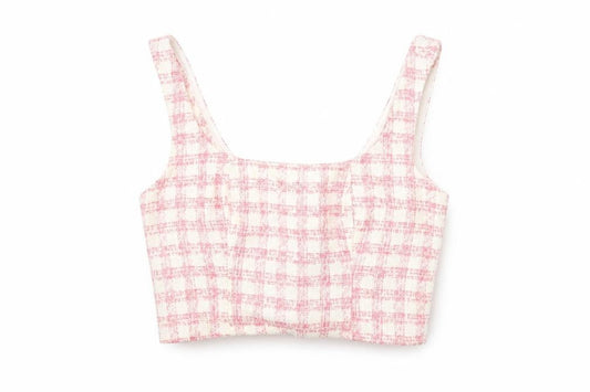 Front view of ASOS women’s pink geometric polyester cropped t-shirt, size UK 8, square neck