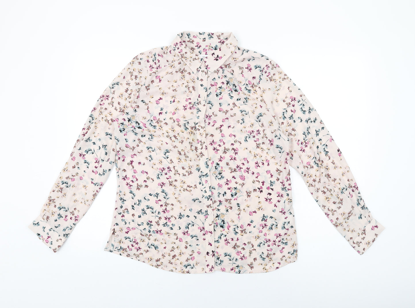 Marks and Spencer Womens Pink Floral Polyester Basic Button-Up Size 12 Collared