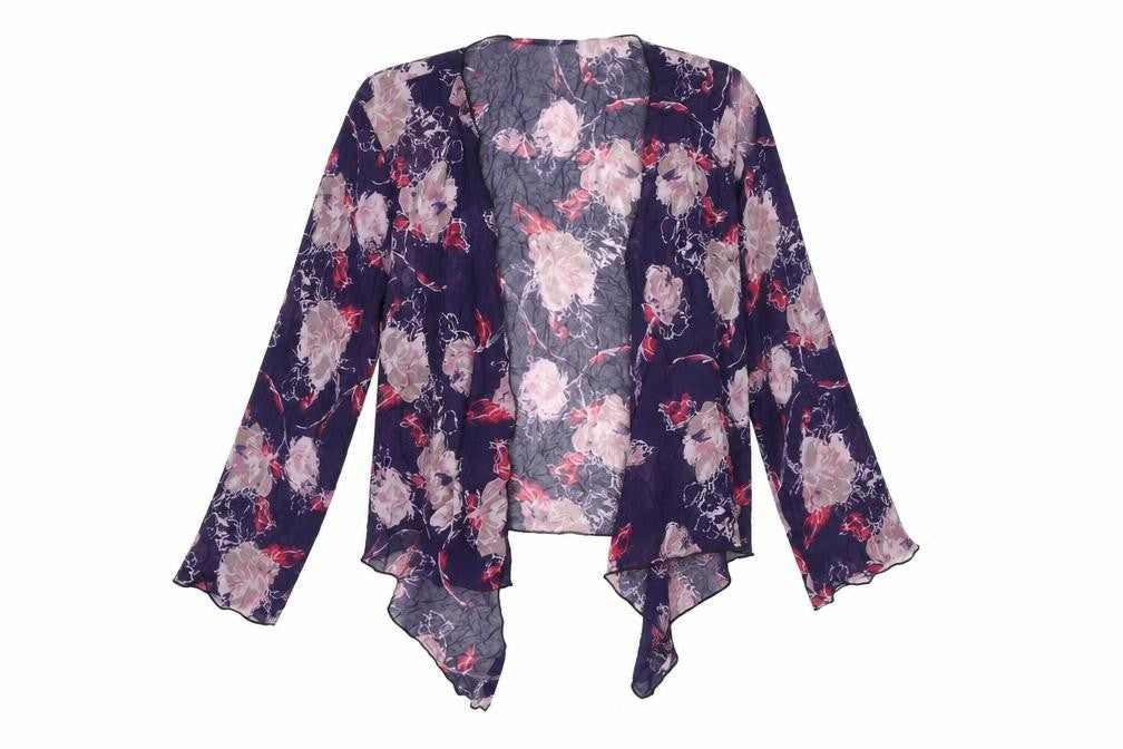 Adini Womens Blue Floral Polyester Kimono T-Shirt Size S V-Neck