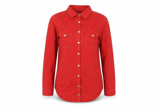 Front view of Sonsandar women’s red cotton basic button-up, size UK 8, collared