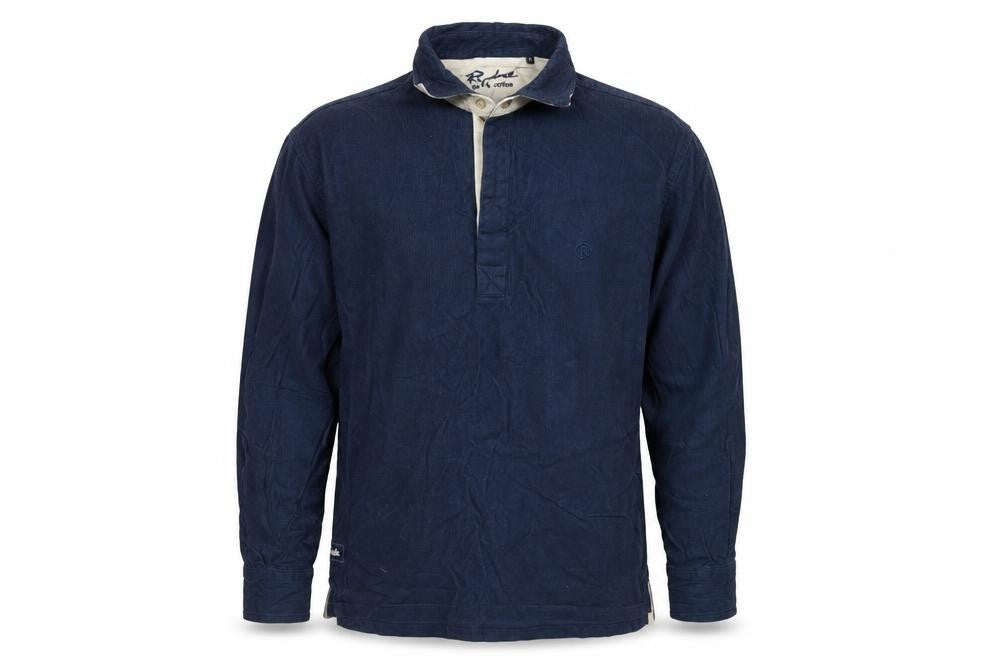 Front view of Ryderwear men’s blue cotton button-up, size M, collared button