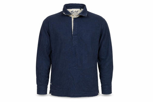 Front view of Ryderwear men’s blue cotton button-up, size M, collared button