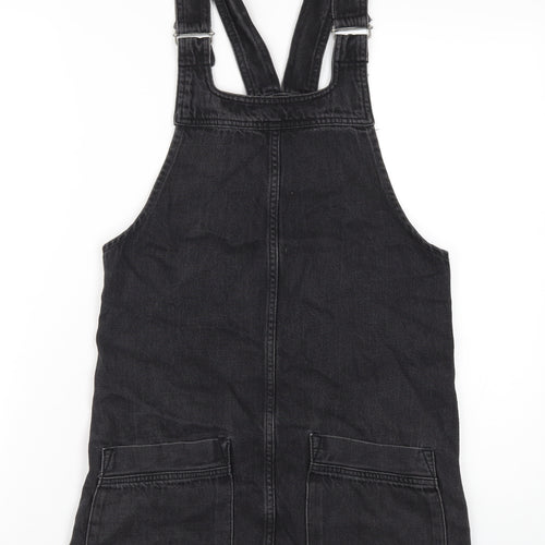 Topshop Womens Black Cotton Pinafore/Dungaree Dress Size 6 Square Neck Pullover