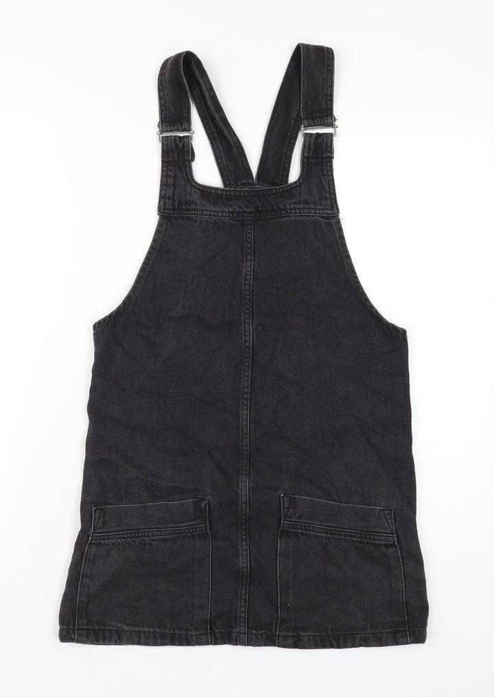 Topshop Womens Black Cotton Pinafore/Dungaree Dress Size 6 Square Neck Pullover