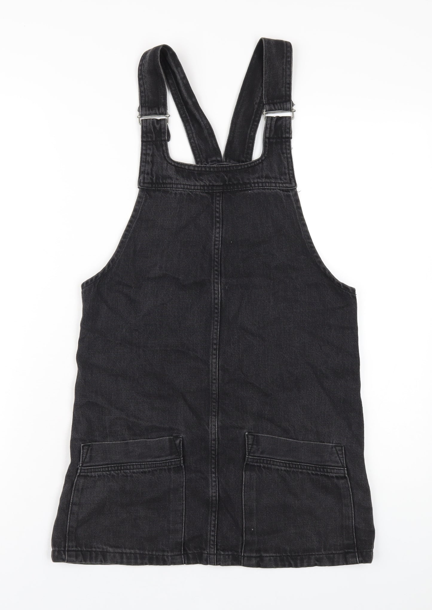 Topshop Womens Black Cotton Pinafore/Dungaree Dress Size 6 Square Neck Pullover