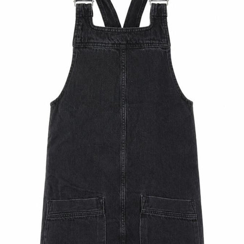 Topshop Womens Black Cotton Pinafore/Dungaree Dress Size 6 Square Neck Pullover
