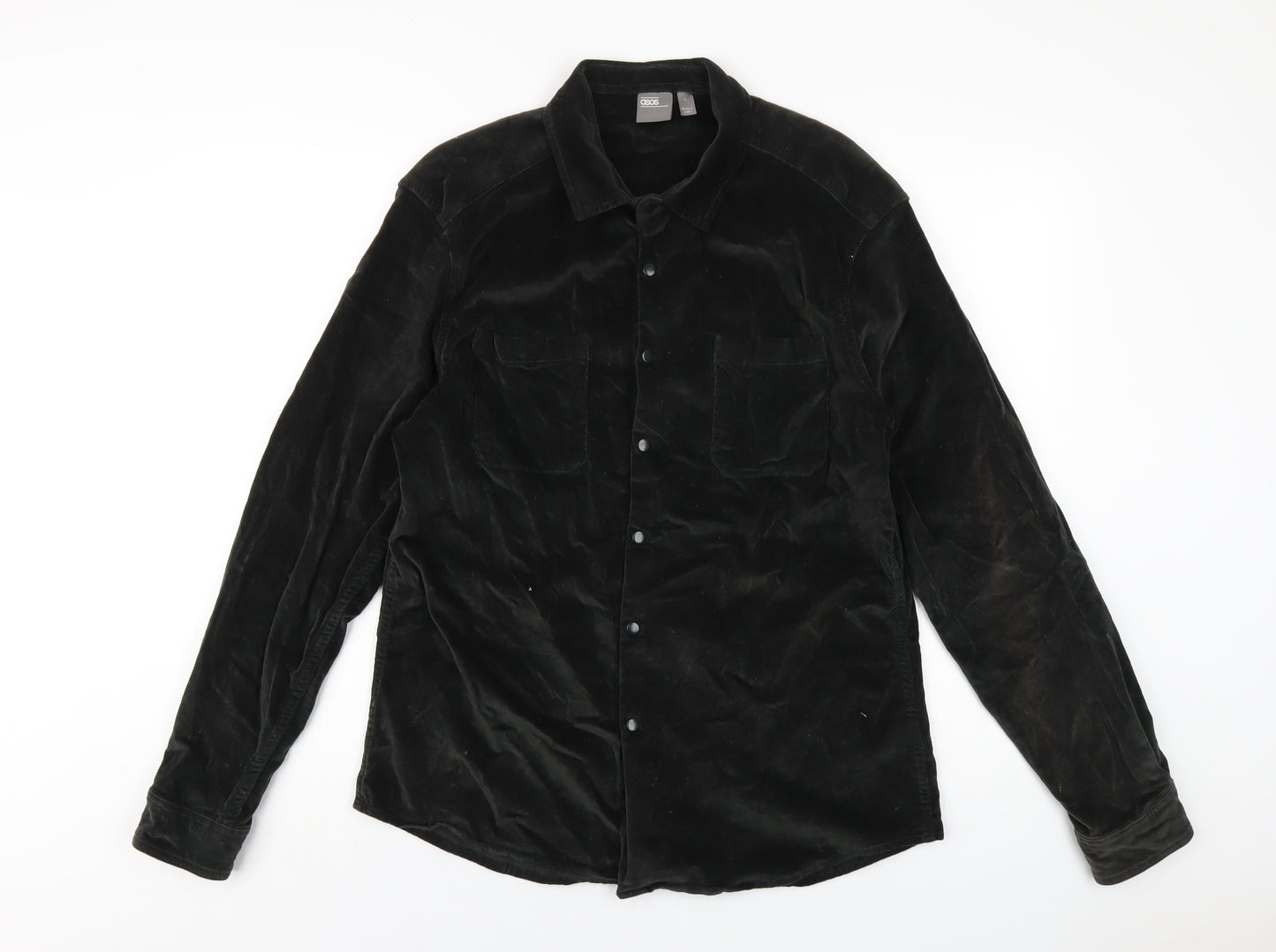 ASOS Mens Green Cotton Button-Up Size L Collared Snap