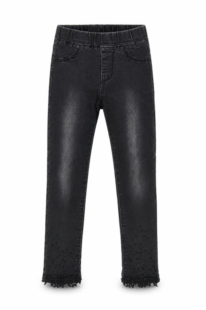 Front view of S&D girls’ grey cotton jegging jeans, size 10, years, 20-inch leg regular pullover