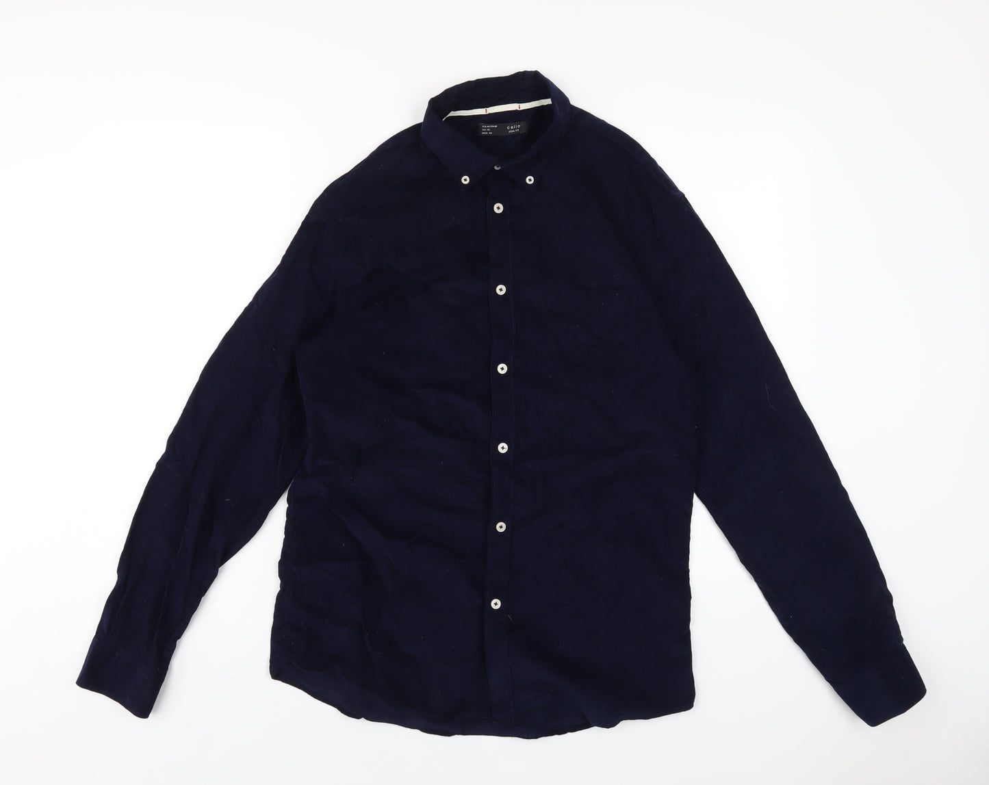 celio* Mens Blue Cotton Button-Up Size M Collared Button