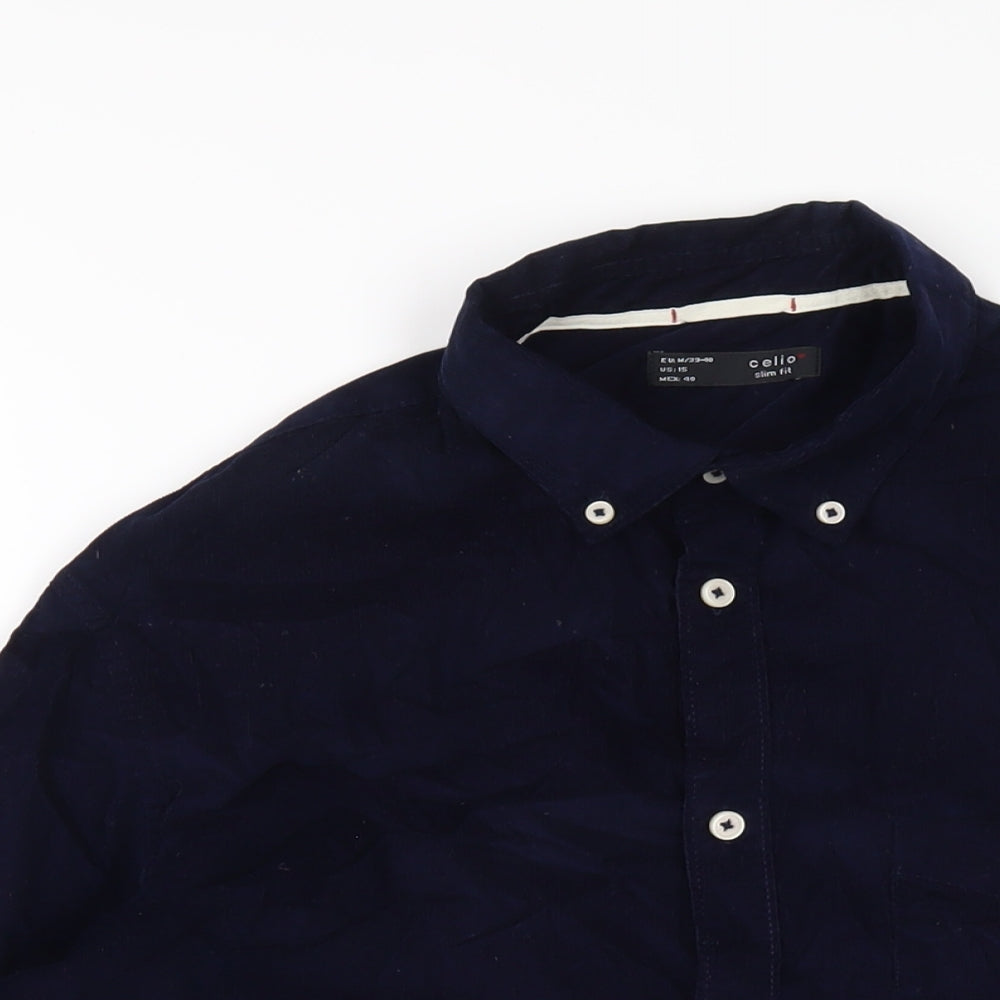 celio* Mens Blue Cotton Button-Up Size M Collared Button