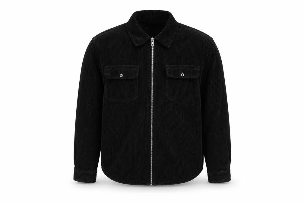 Front view of The Idle Man men’s black jacket, size L, zip