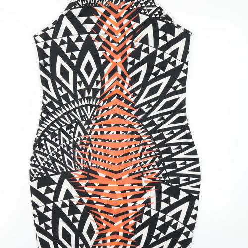 River Island Womens Black Geometric Polyester Bodycon Size 14 Round Neck Zip