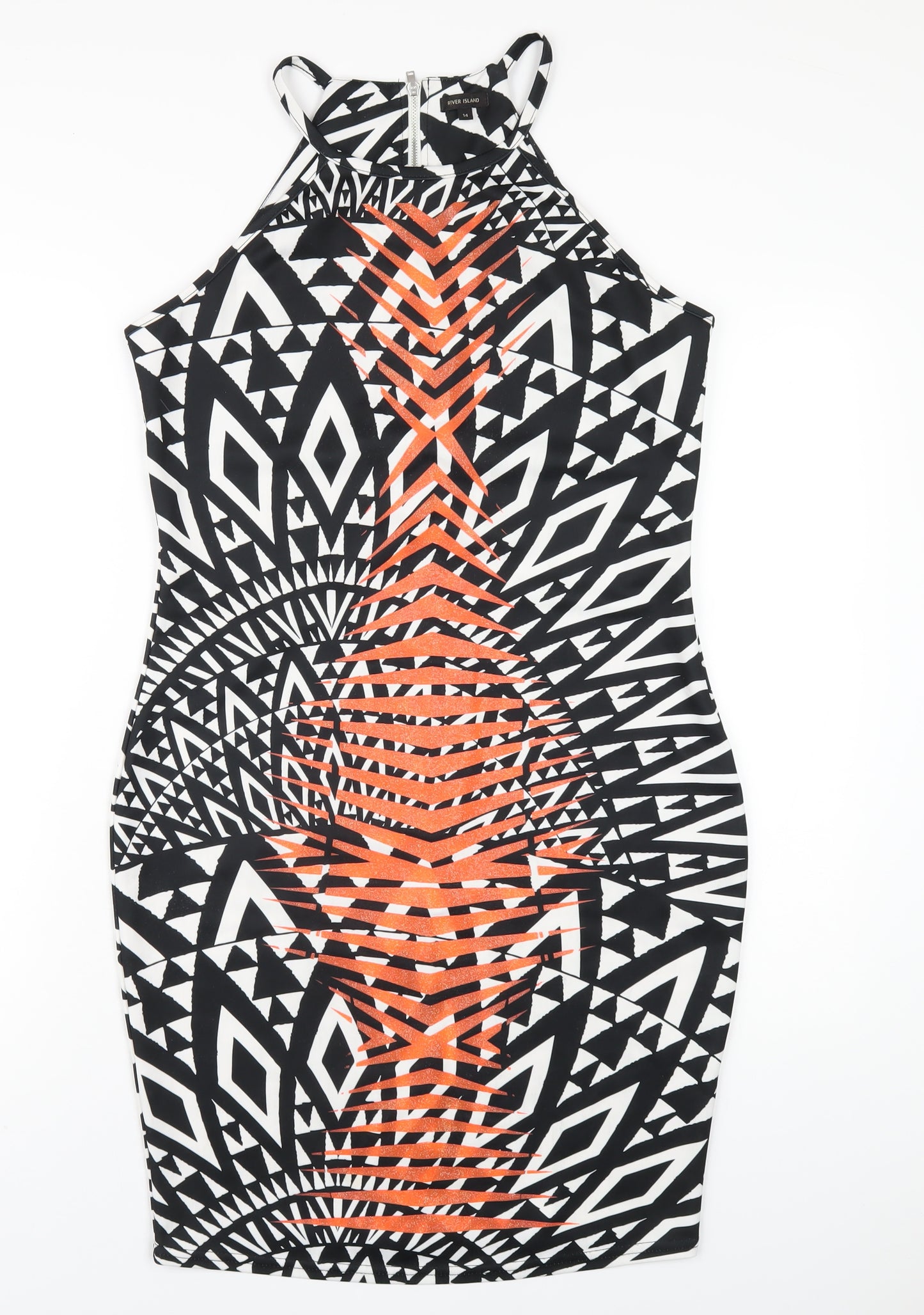 River Island Womens Black Geometric Polyester Bodycon Size 14 Round Neck Zip