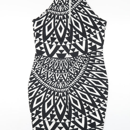River Island Womens Black Geometric Polyester Bodycon Size 14 Round Neck Zip