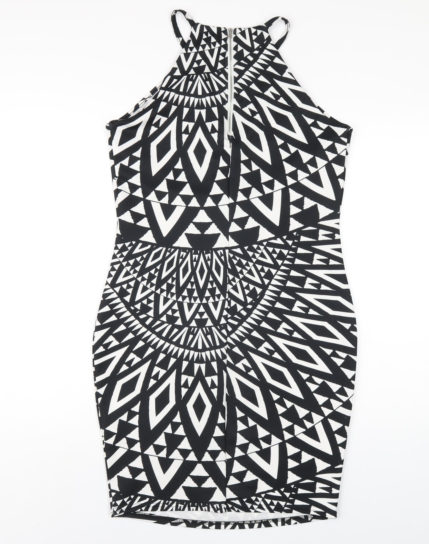 River Island Womens Black Geometric Polyester Bodycon Size 14 Round Neck Zip