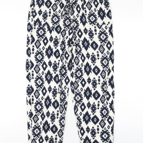 Marks and Spencer Womens Blue Geometric Viscose Trousers Size 6 L28 in Regular Drawstring