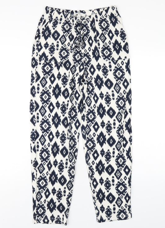 Marks and Spencer Womens Blue Geometric Viscose Trousers Size 6 L28 in Regular Drawstring