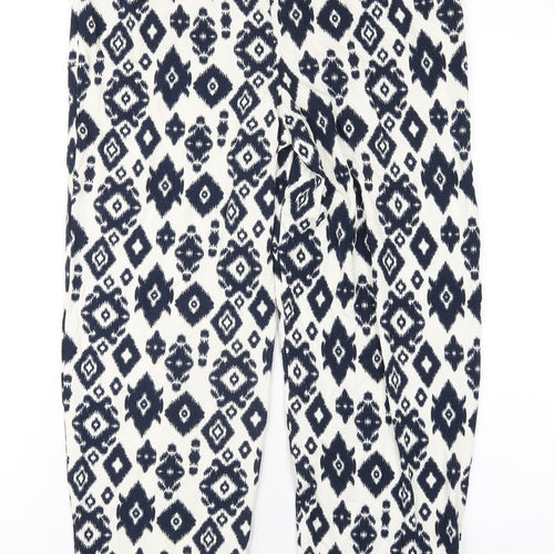 Marks and Spencer Womens Blue Geometric Viscose Trousers Size 6 L28 in Regular Drawstring