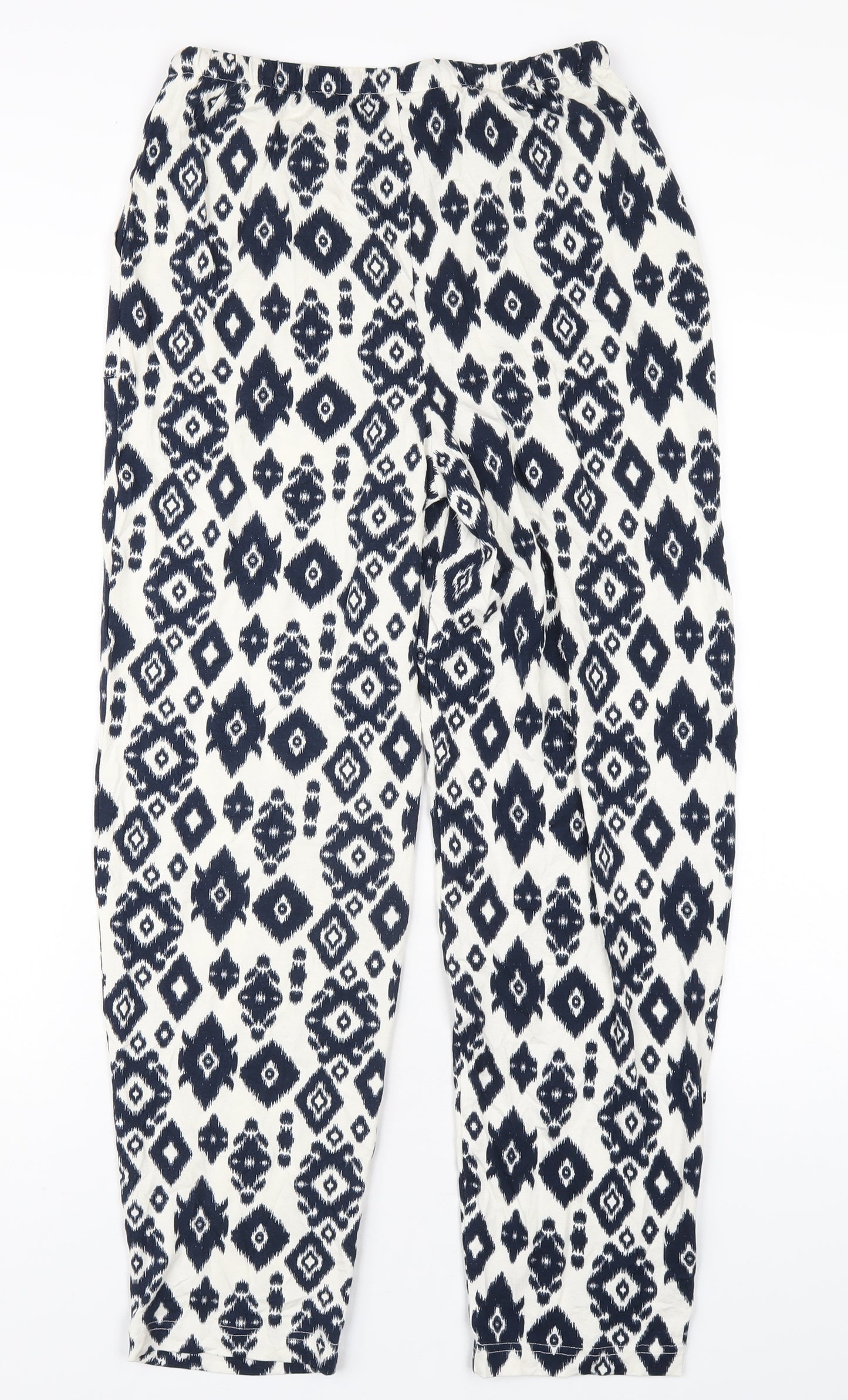 Marks and Spencer Womens Blue Geometric Viscose Trousers Size 6 L28 in Regular Drawstring