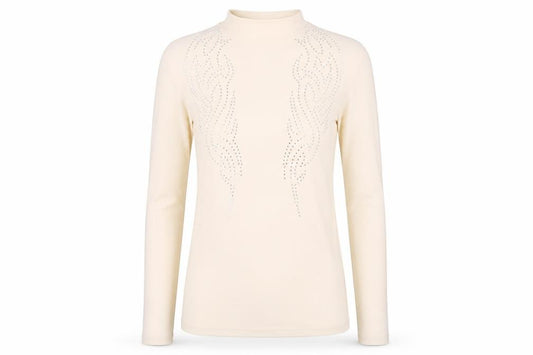 Front view of ASOS women’s beige polyester bodycon, size M, mock neck pullover