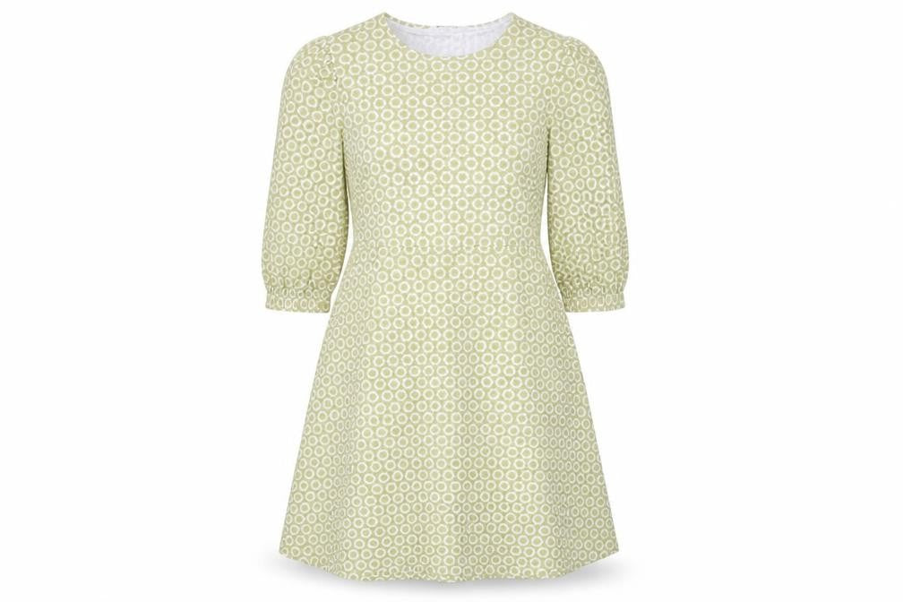 Front view of Marks & Spencer women’s green geometric viscose a-line, size UK 14, round neck pullover