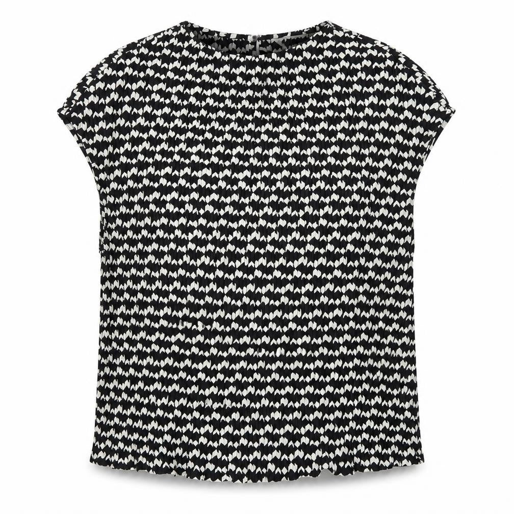 Front view of Marks & Spencer women’s black geometric polyester basic t-shirt, size UK 12, round neck