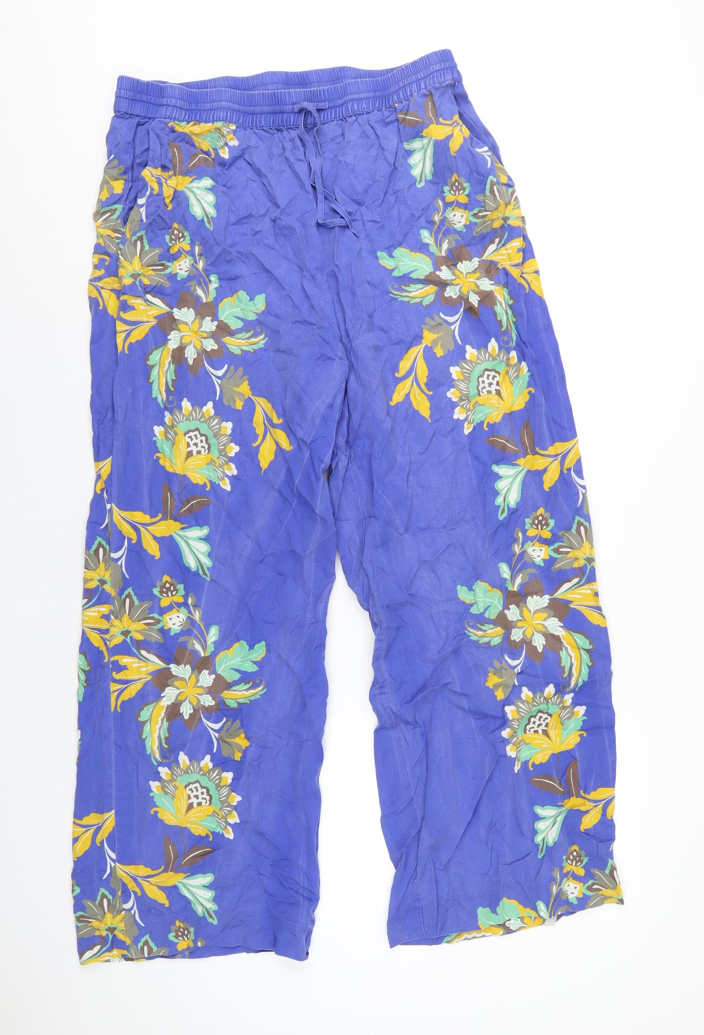 Jaeger Womens Blue Floral Lyocell Trousers Size 18 L30 in Regular Drawstring