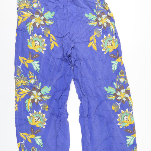 Jaeger Womens Blue Floral Lyocell Trousers Size 18 L30 in Regular Drawstring