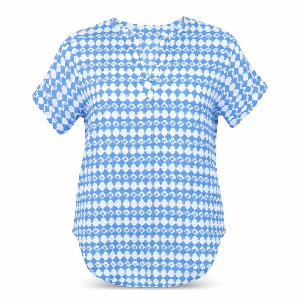 Front view of Marks & Spencer women’s blue geometric linen basic t-shirt, size UK 6, v-neck