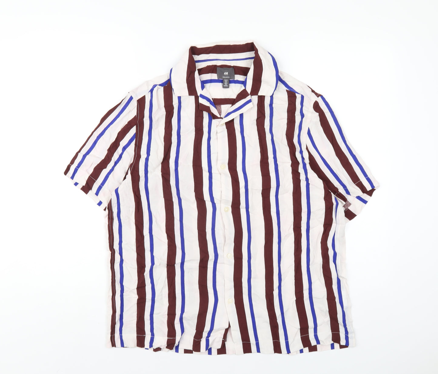 H&M Mens Multicoloured Striped Viscose Button-Up Size M Collared Button