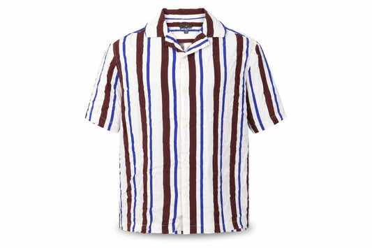 Front view of H&M men’s multicoloured striped viscose button-up, size M, collared button