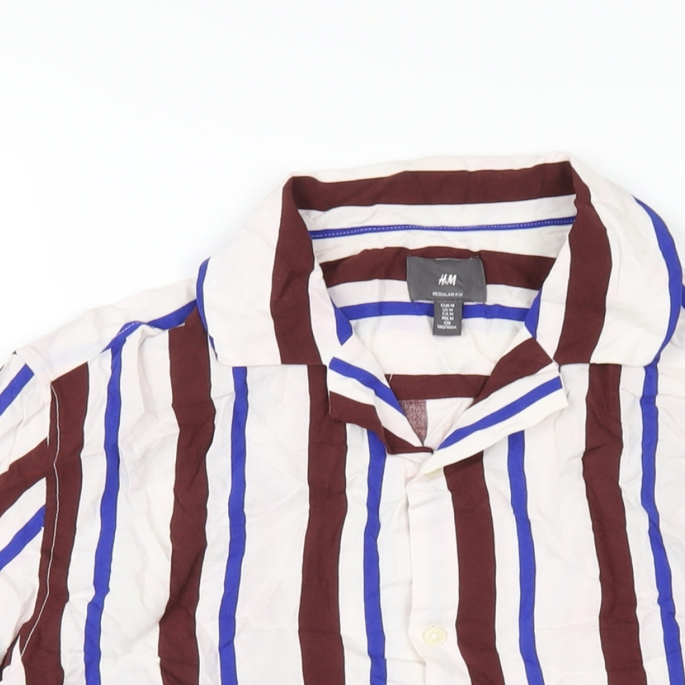 H&M Mens Multicoloured Striped Viscose Button-Up Size M Collared Button