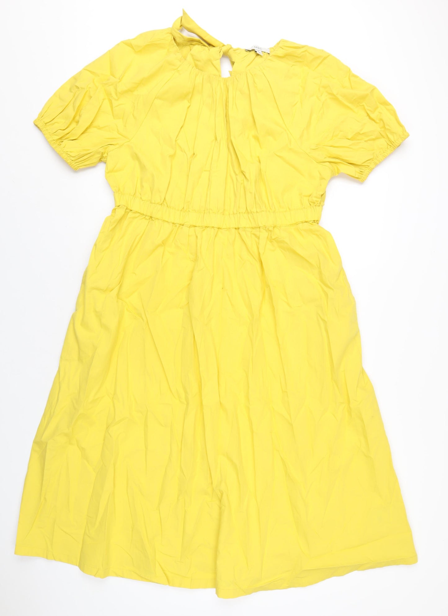 Marks and Spencer Womens Yellow Cotton A-Line Size 16 Round Neck Tie