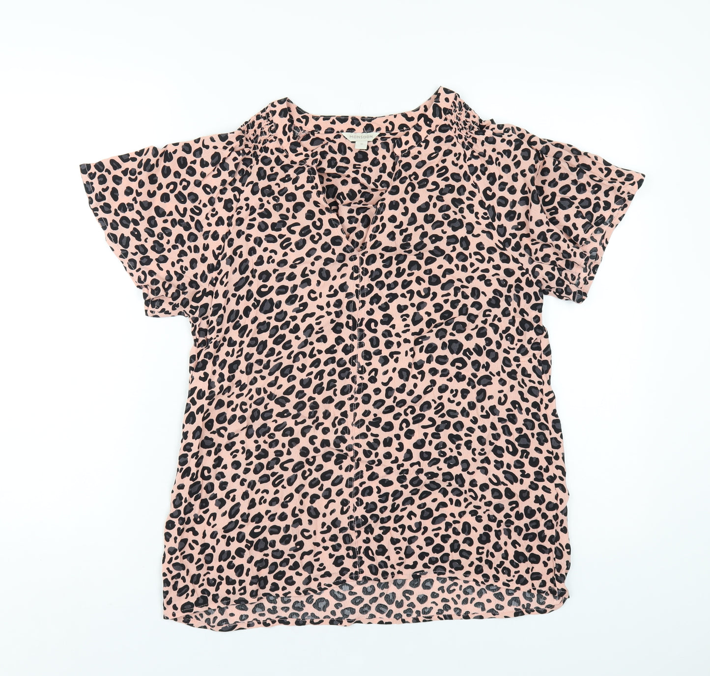 Monsoon Womens Pink Animal Print Polyester Basic T-Shirt Size S V-Neck