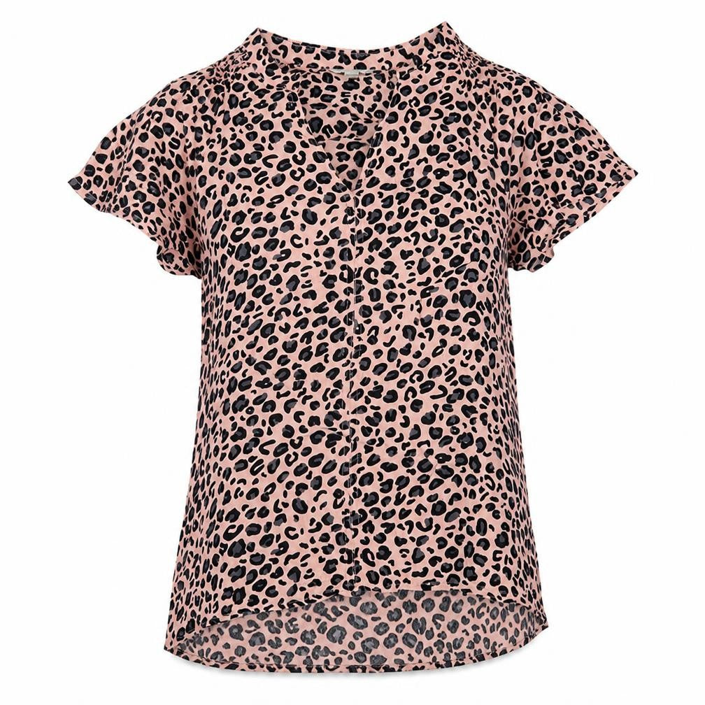 Front view of Monsoon women’s pink animal print polyester basic t-shirt, size S, v-neck