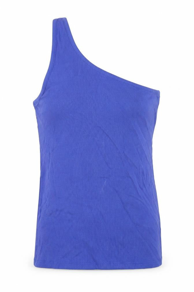 Front view of Marks & Spencer women’s blue cotton basic tank, size UK 16, one shoulder