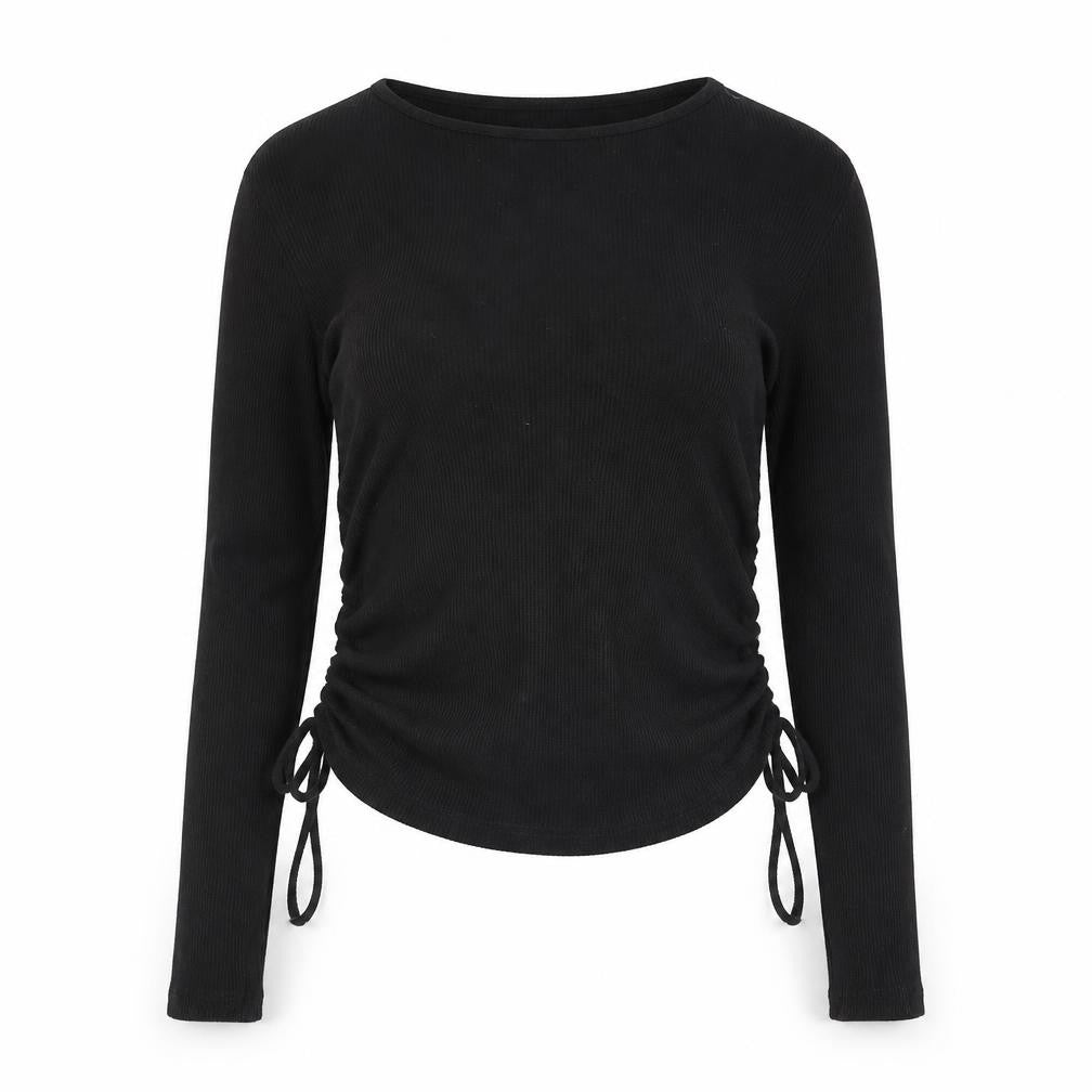 Front view of Divided by H&M women’s black cotton basic blouse, size M, round neck - drawstring detail