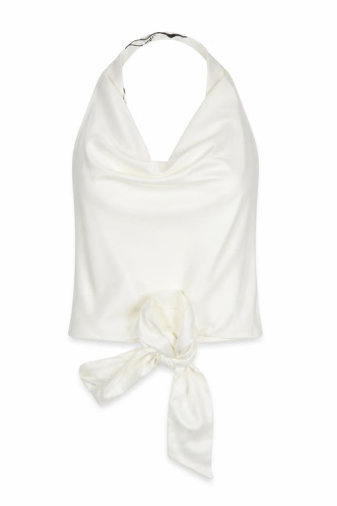 Front view of Zara women’s white viscose cropped blouse, size S, halter - open back