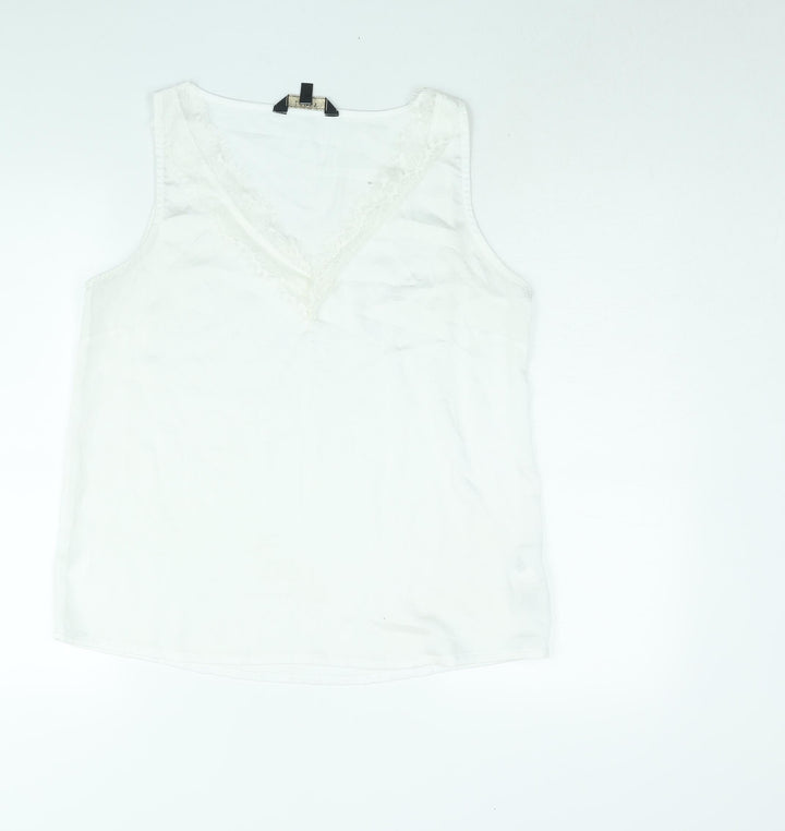 Lipsy Womens White Polyester Basic Blouse Size 14 V-Neck - Lace Trim