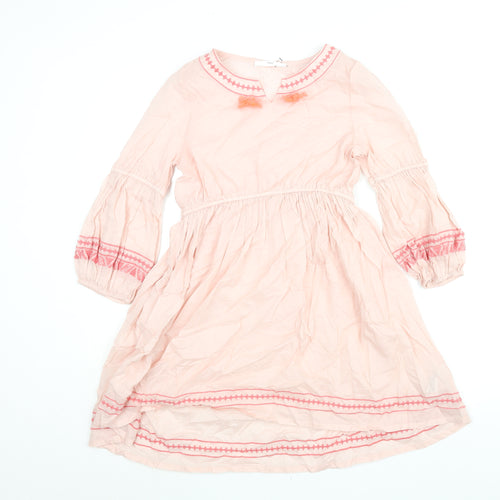 Marks and Spencer Girls Pink Cotton A-Line Size 11-12 Years Round Neck Pullover - Embroidered Tassle