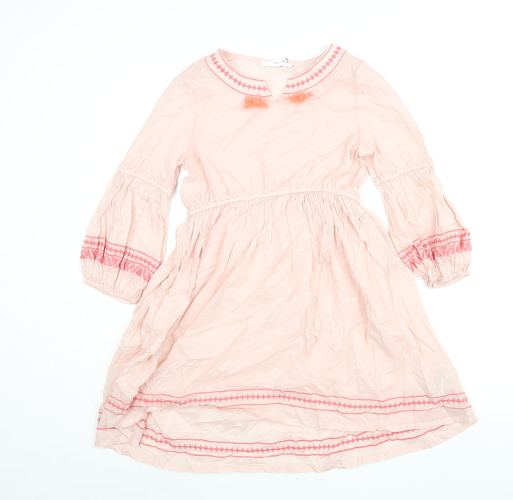 Marks and Spencer Girls Pink Cotton A-Line Size 11-12 Years Round Neck Pullover - Embroidered Tassle