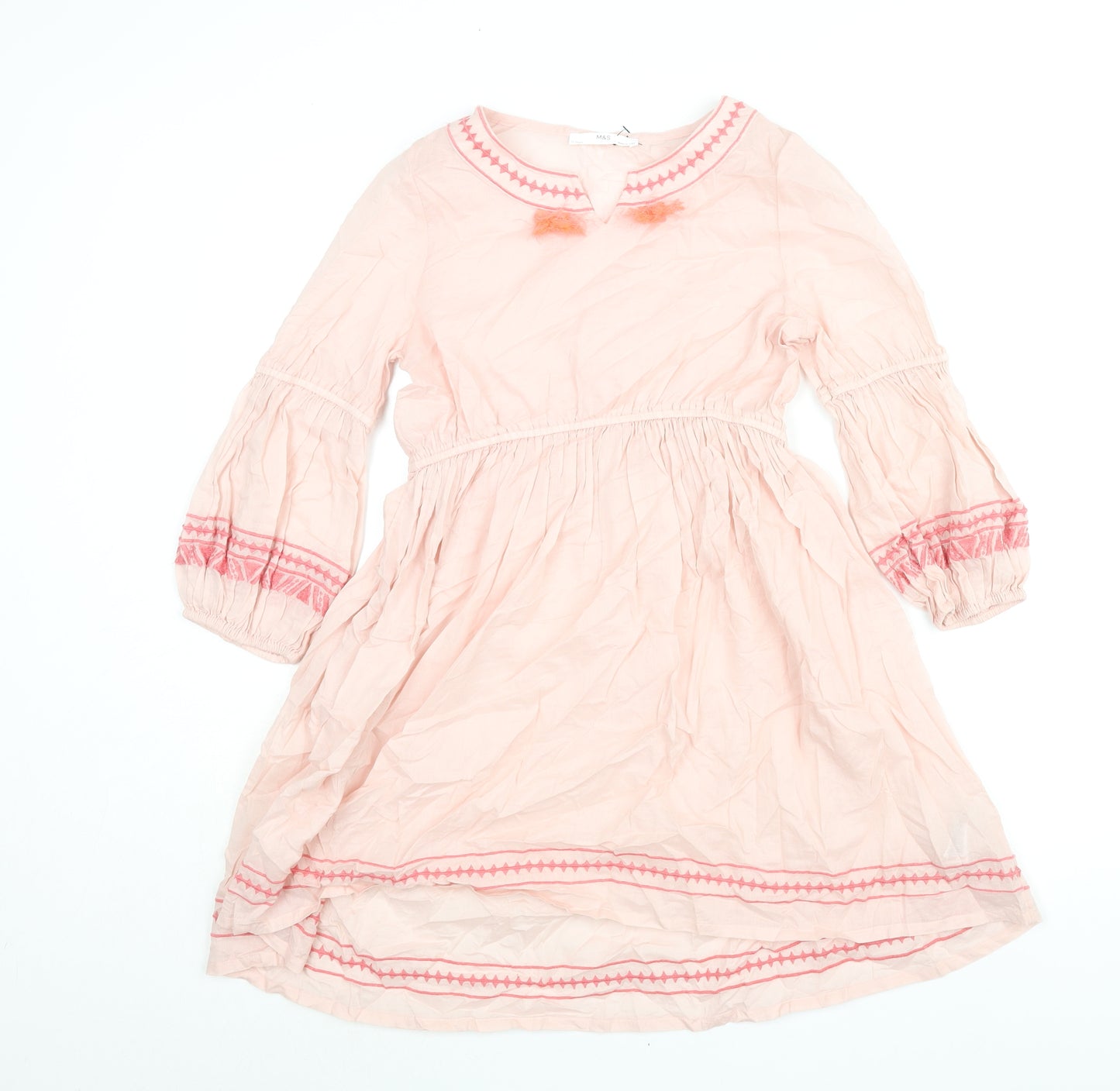 Marks and Spencer Girls Pink Cotton A-Line Size 11-12 Years Round Neck Pullover - Embroidered Tassle