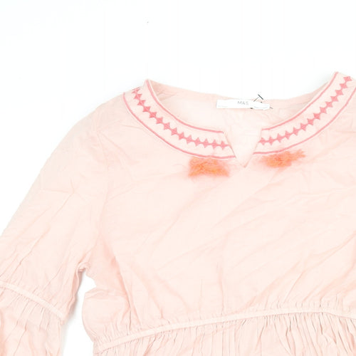 Marks and Spencer Girls Pink Cotton A-Line Size 11-12 Years Round Neck Pullover - Embroidered Tassle