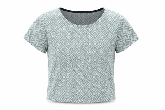 Front view of New Look girls’ blue geometric polyester basic blouse, size 12-13, years round neck pullover