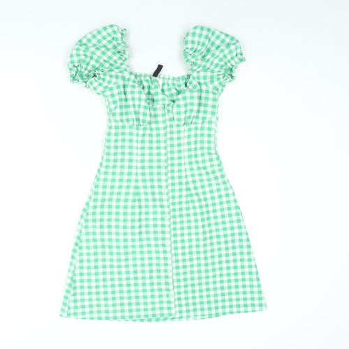 Divided by H&M Womens Green Gingham Polyester A-Line Size 4 Sweetheart Button