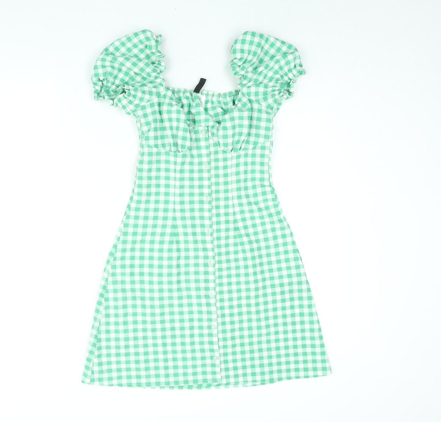 Divided by H&M Womens Green Gingham Polyester A-Line Size 4 Sweetheart Button
